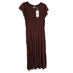Merokeety Dress Womens XL Brown Smocked Bodice Tiered Maxi Flutter Sleeve Boho